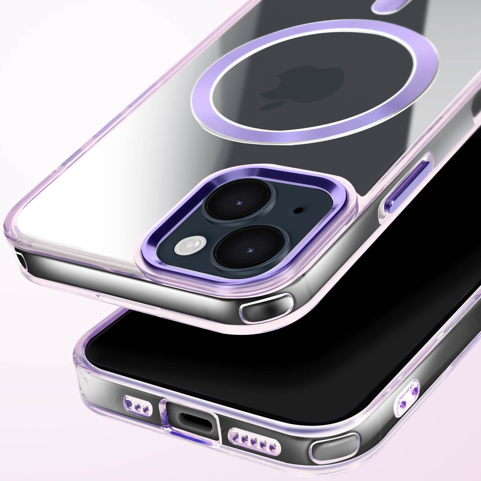 Custodia trasparente per telefono con dettagli viola. L'iPhone è visibile all'interno della custodia. Logo Apple presente.