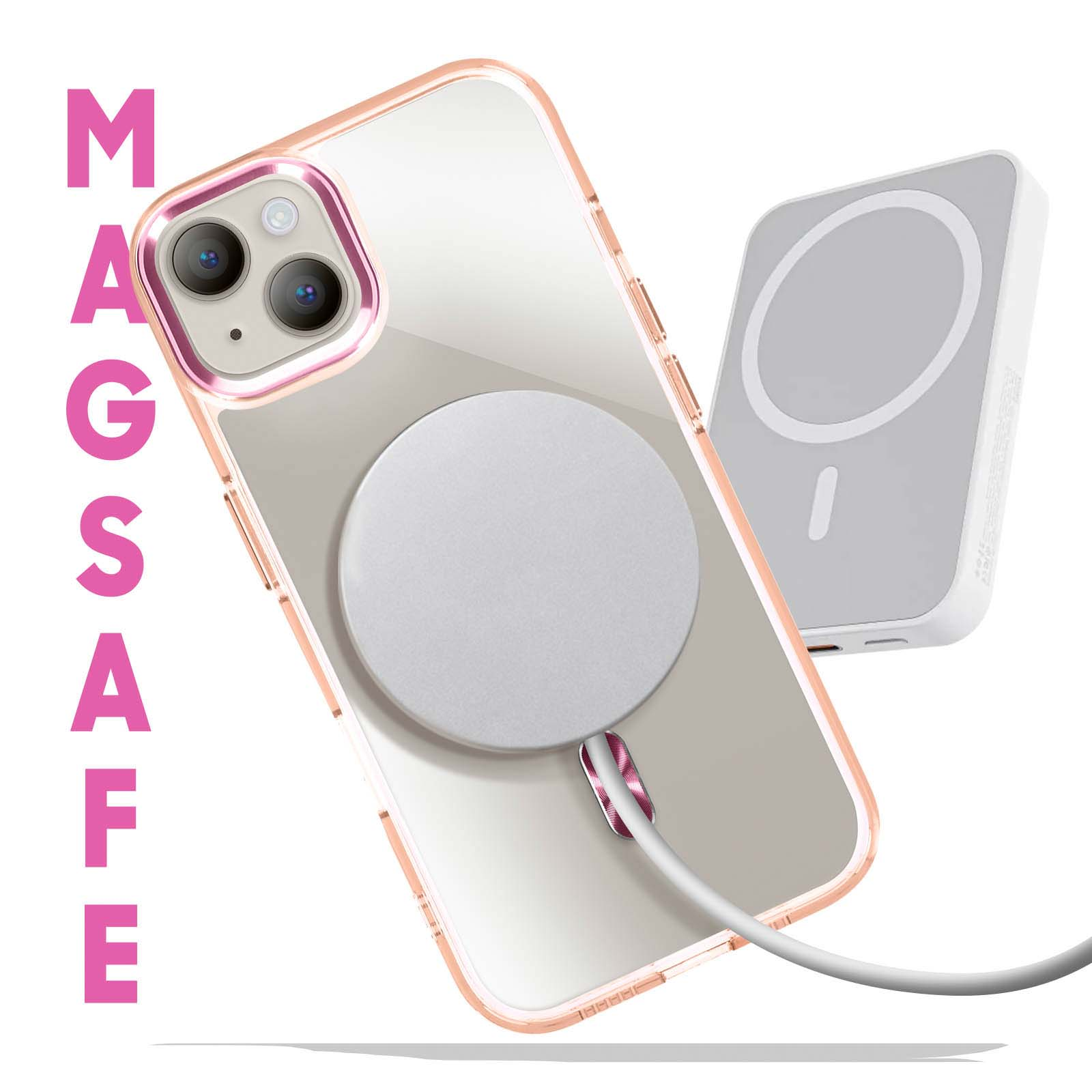 Custodia trasparente con MagSafe e cornice rosa. Caricatore grigio sullo sfondo.
