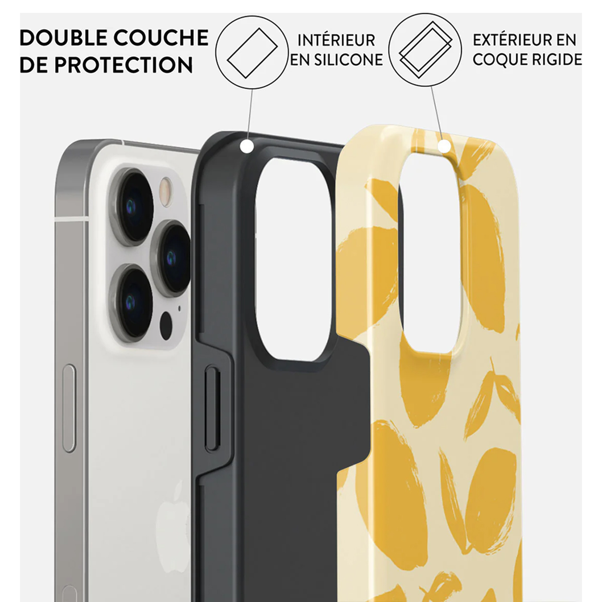 Custodia del telefono a strati: telefono, parte centrale nera, esterno con motivo giallo. Testo: Doppia protezione, interno in silicone.