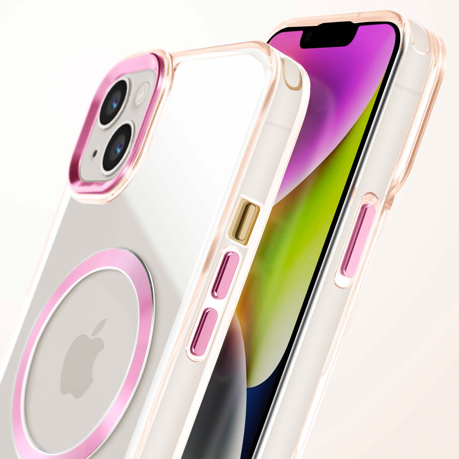 Custodia rosa e trasparente sopra un telefono. Il telefono ha un'interfaccia utente rosa. Sfondo bianco.