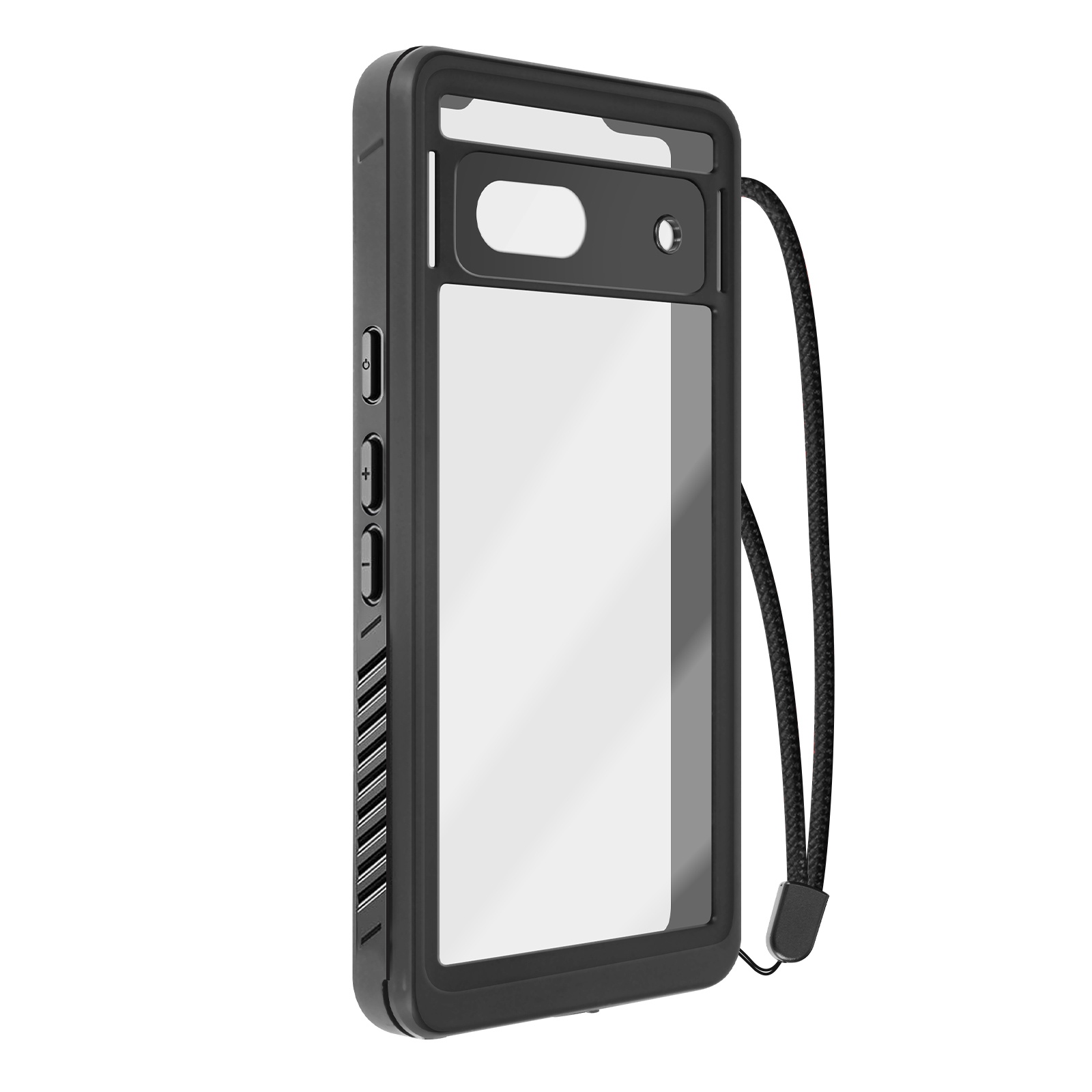 Schwarze Handyhülle mit transparentem Fenster, Riemen und Knöpfen. Das Telefon ist drin.