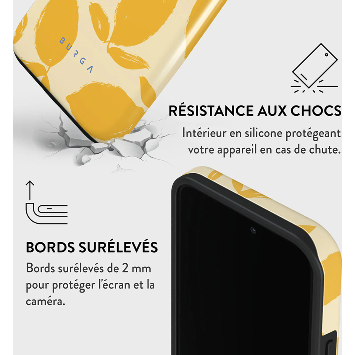 Custodia per telefono a limone giallo con testo. Sfondo bianco.