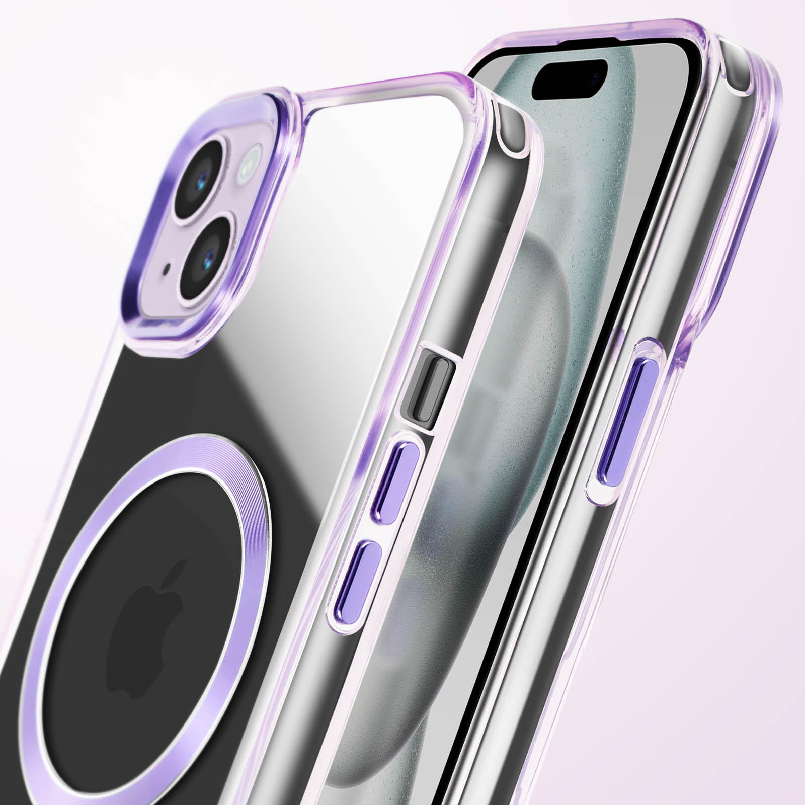Primo piano di un telefono con custodia trasparente bordata di viola.