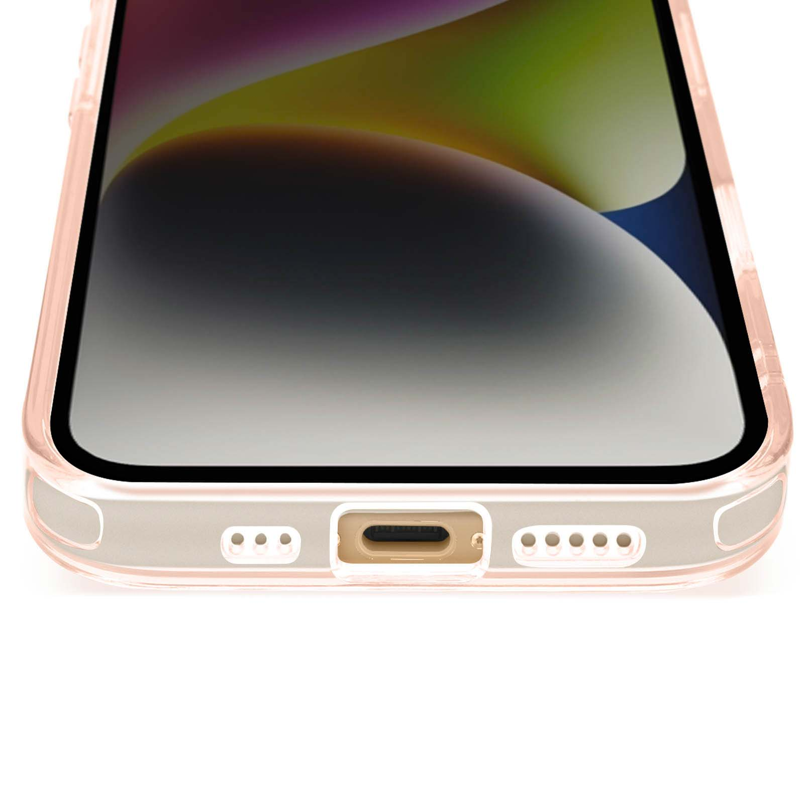 Primo piano della custodia del telefono. La custodia è rosa e trasparente. La porta di ricarica del telefono è visibile.