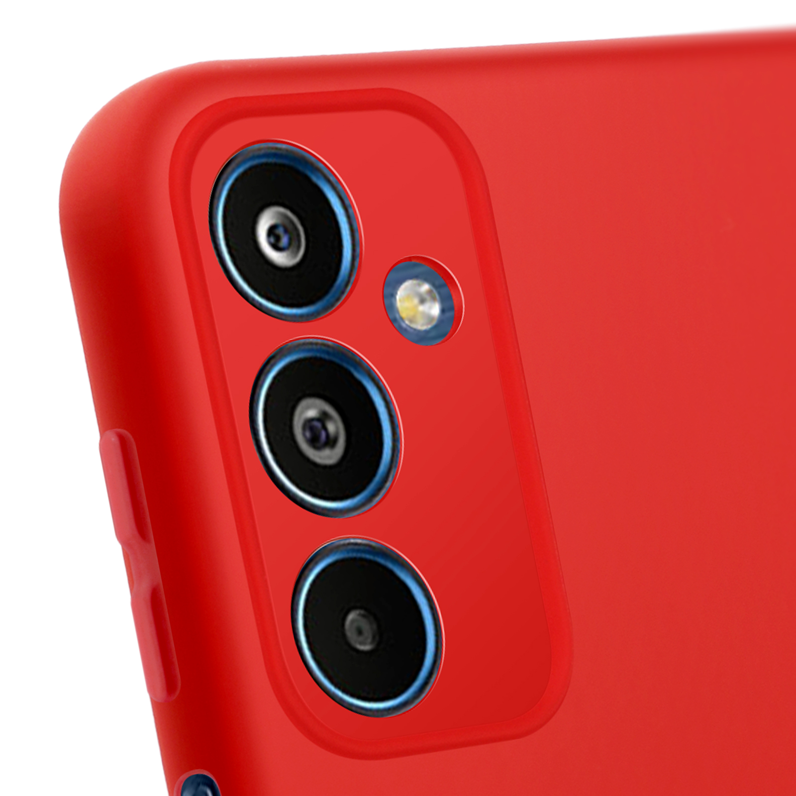 Custodia rossa con tre fotocamere.
