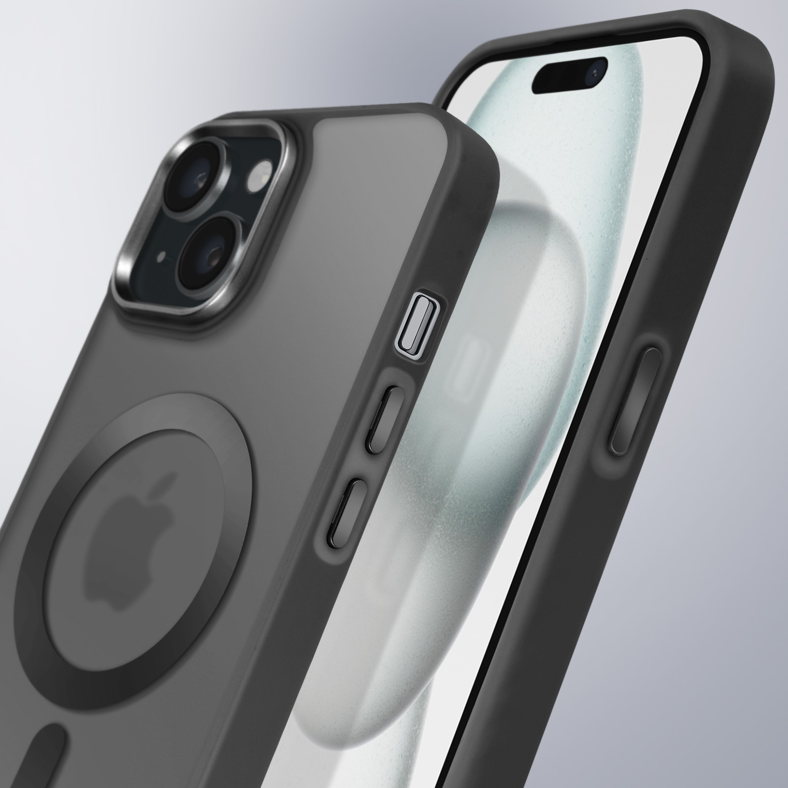 Una custodia per telefono grigio scuro con un MagSafe nero di Apple. La custodia è su un telefono sullo sfondo.