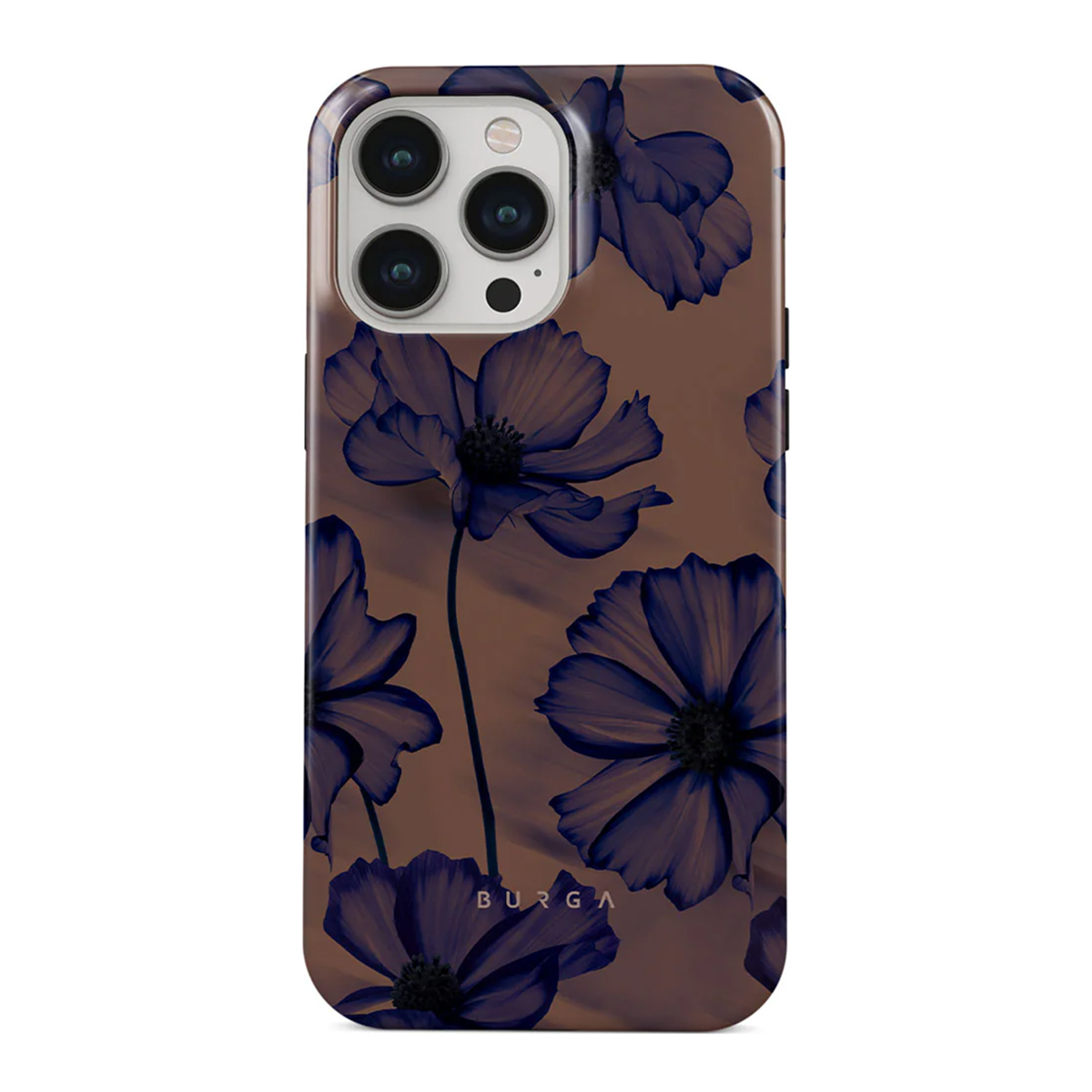 Coque avec motif floral bleu foncé sur fond marron.