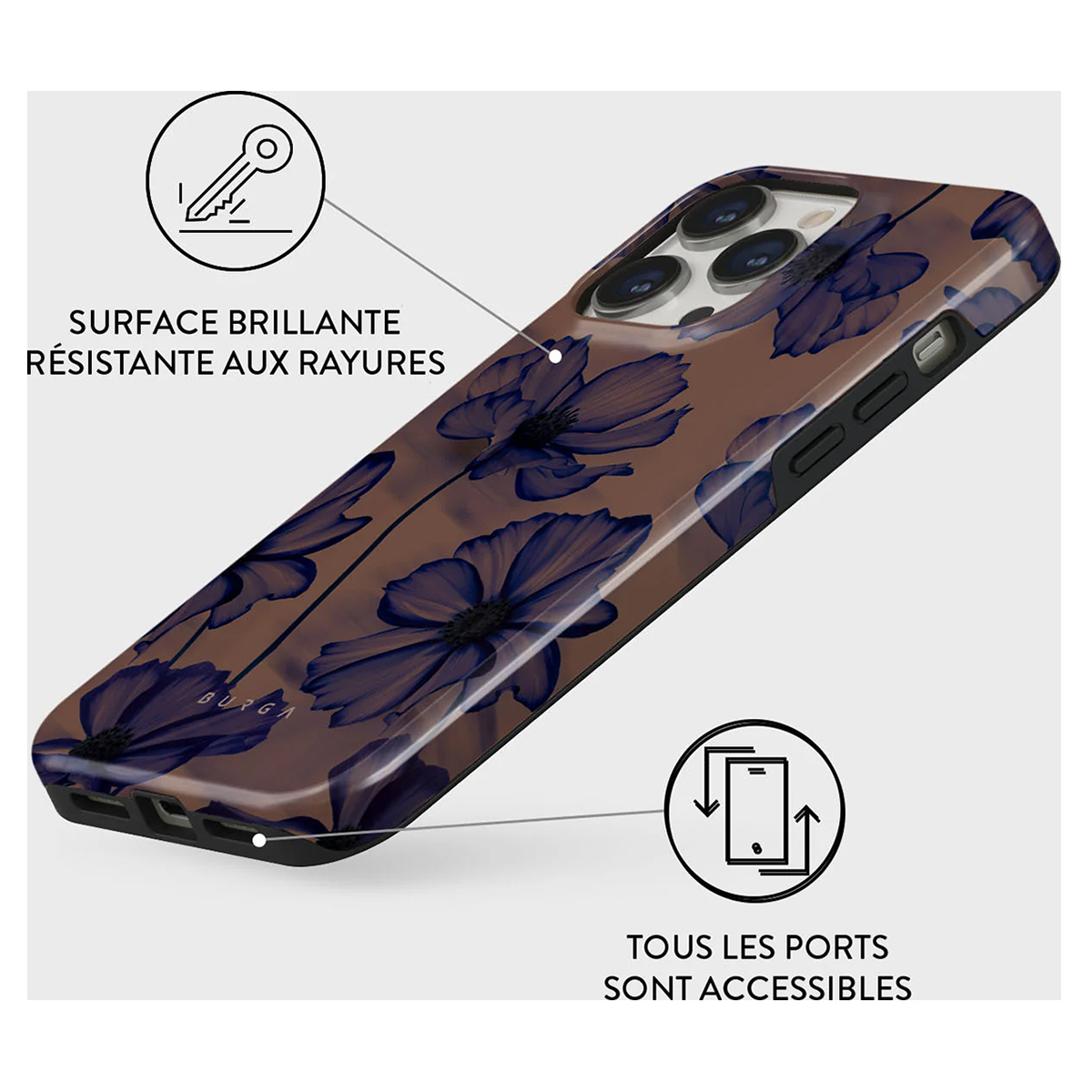 Coque de téléphone avec fleurs. Fond marron, fleurs bleues. Icône de clé et texte.