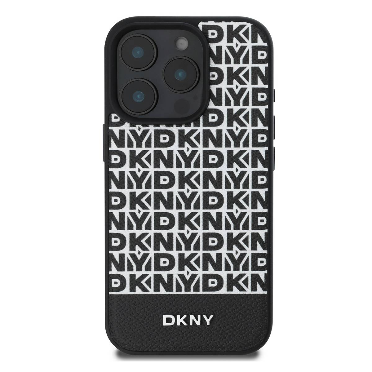 Una custodia per telefono DKNY nera con testo DKNY bianco e un testo DKNY nero in basso.
