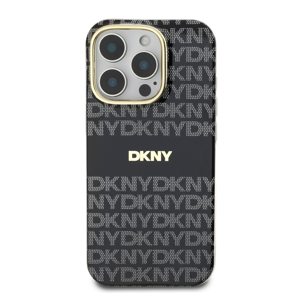 Custodia per telefono nera con logo e motivo DKNY, rifinitura dorata della fotocamera e superficie nera.