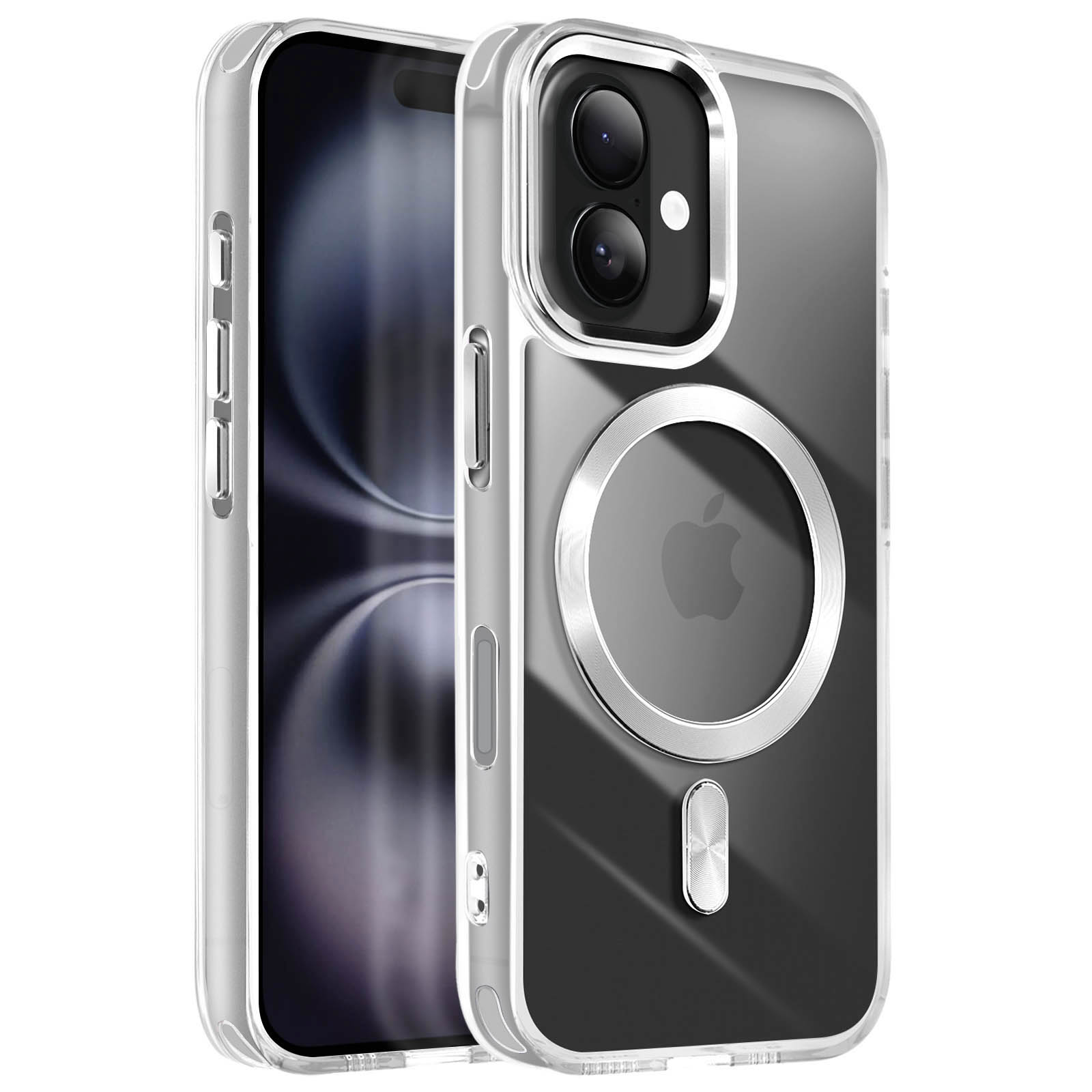 Custodia trasparente per telefono con anello argentato e logo Apple. Telefono dietro.