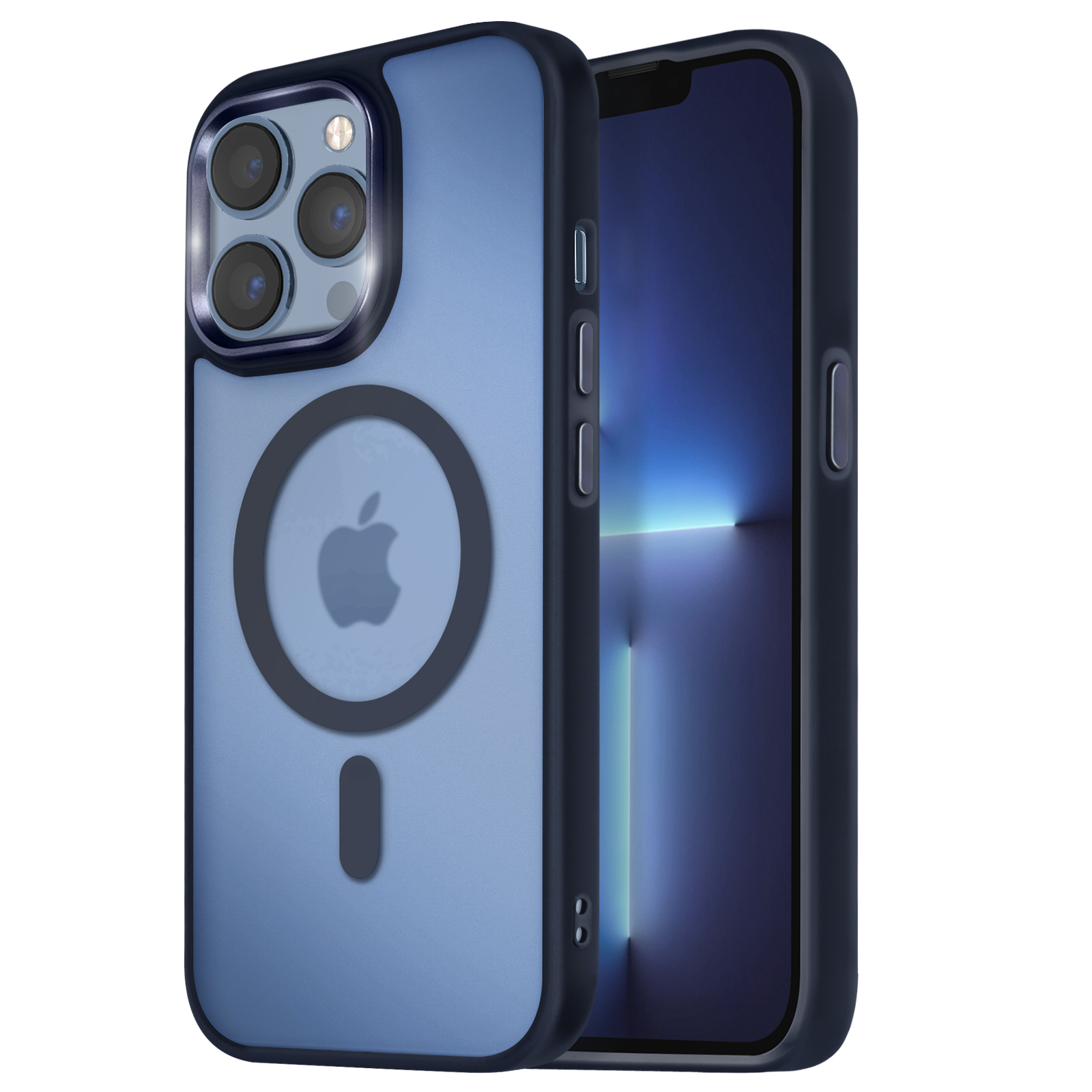 Custodia blu per iPhone con retro trasparente e cornice blu scuro. Logo Apple visibile. Anche il telefono è nella custodia.