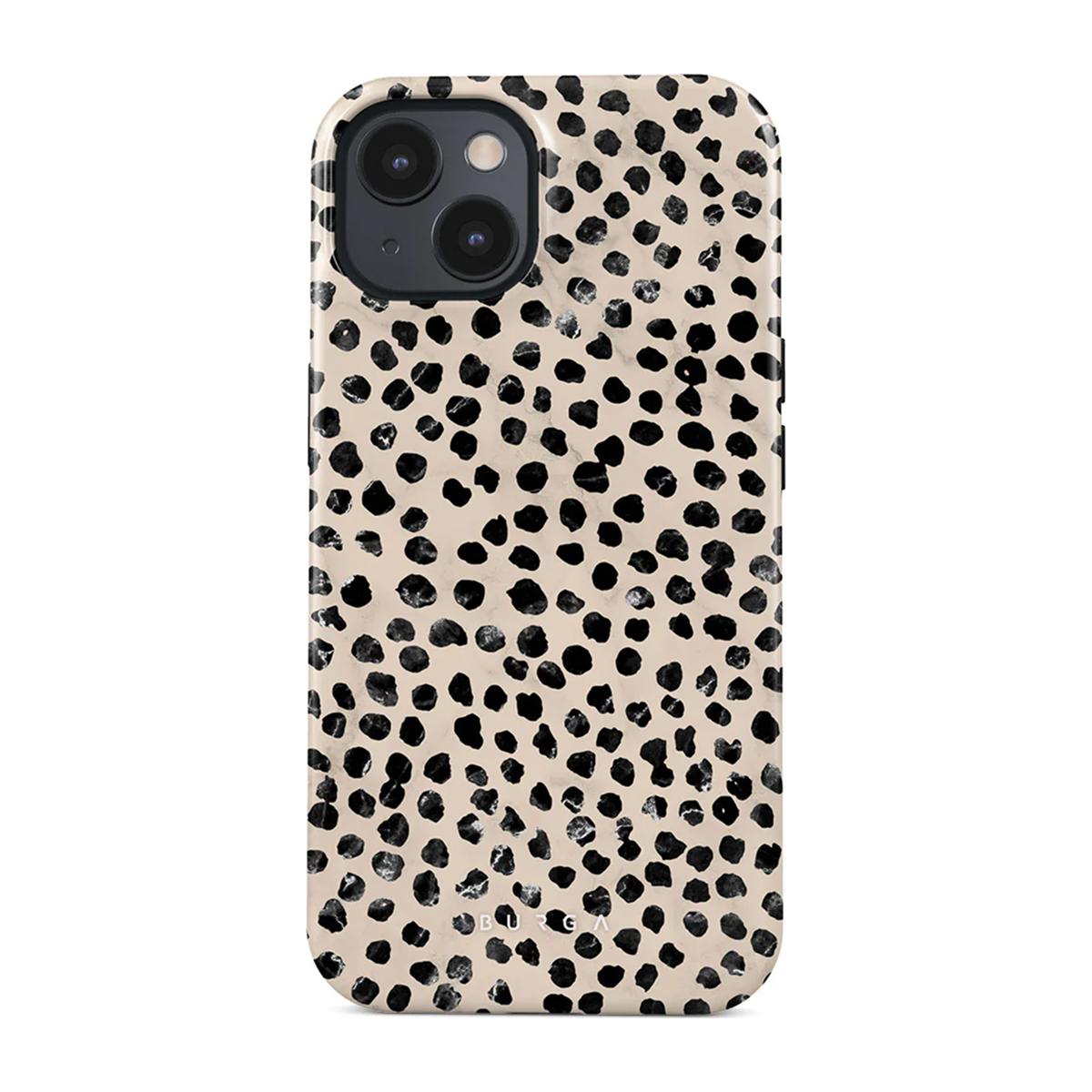 Telefoonhoesje met een beige achtergrond en zwarte stippen. De telefoon heeft drie cameralenzen.