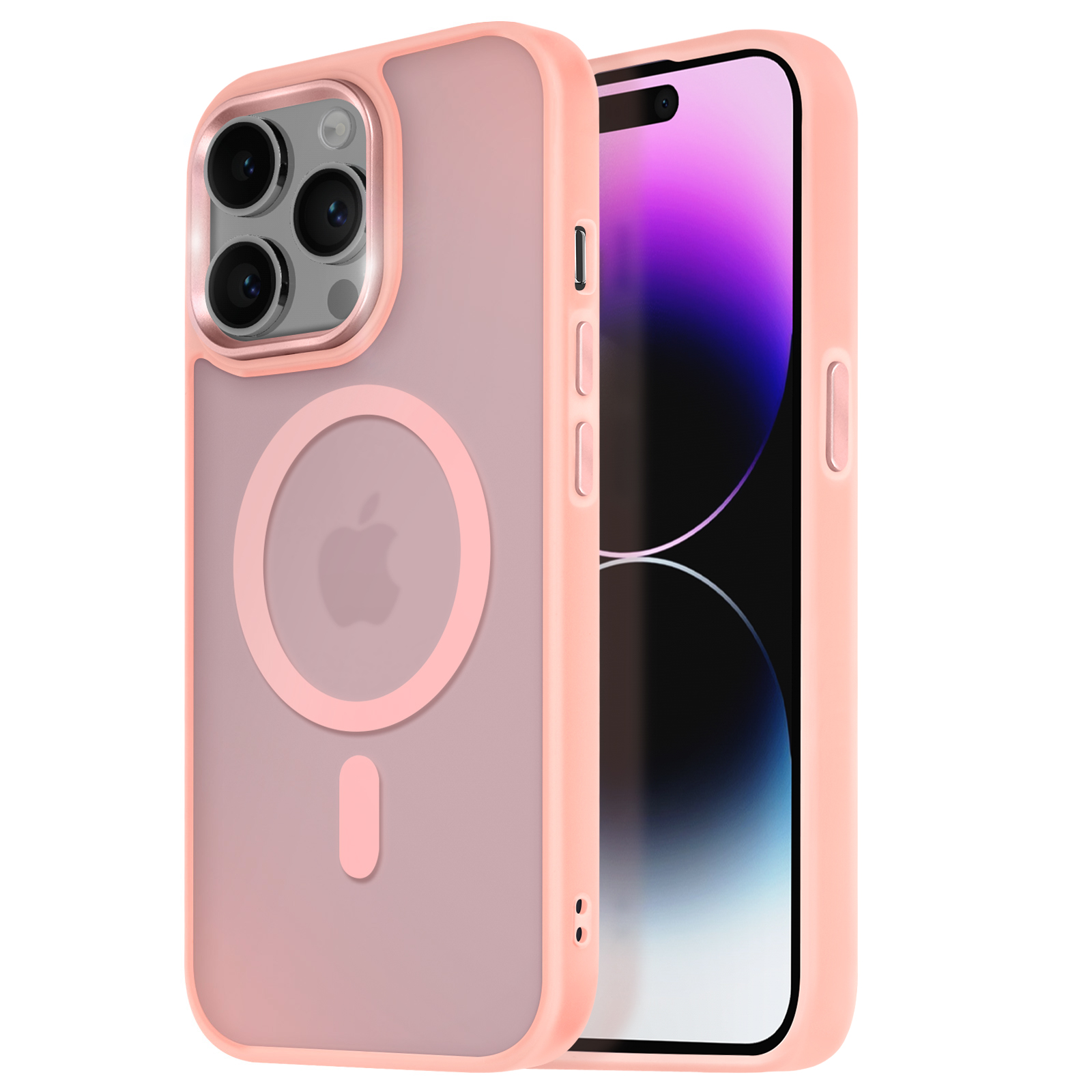 Una custodia per telefono rosa con logo Apple. Il telefono è dentro. Lo sfondo è bianco.