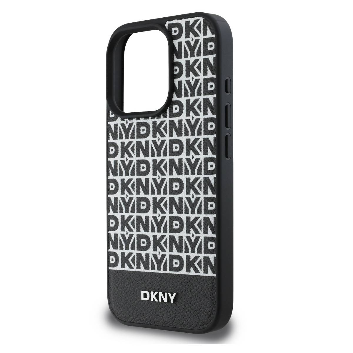 Custodia per telefono DKNY nera con motivo logo DKNY bianco. Fondo nero similpelle.