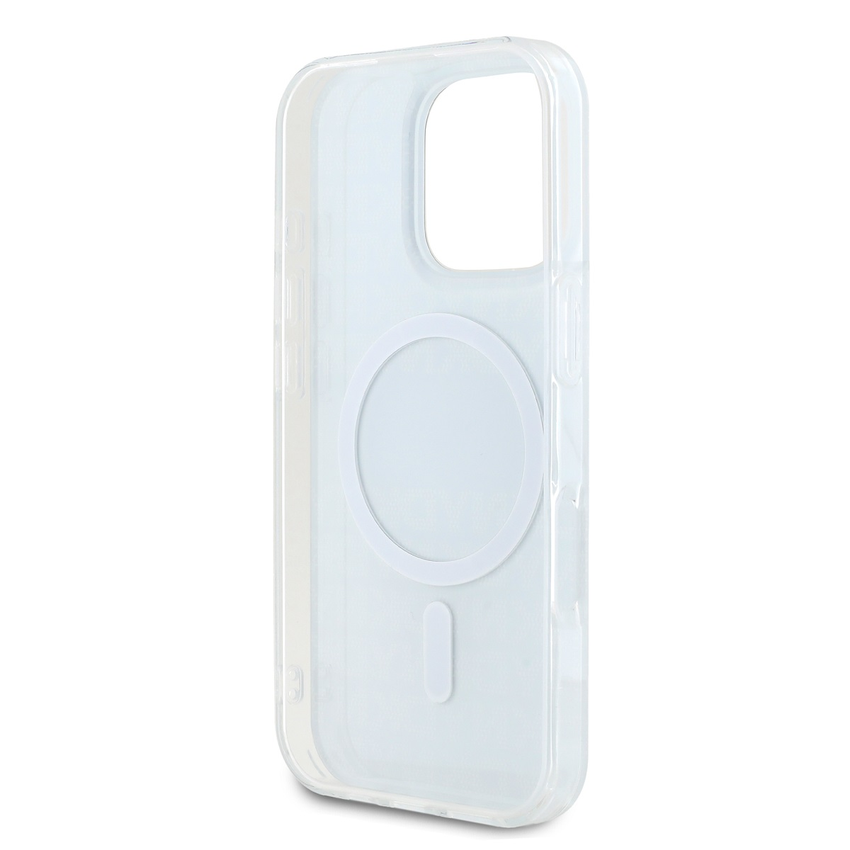 Una custodia trasparente per telefono con un anello magnetico bianco circolare e una sezione inferiore rettangolare bianca.