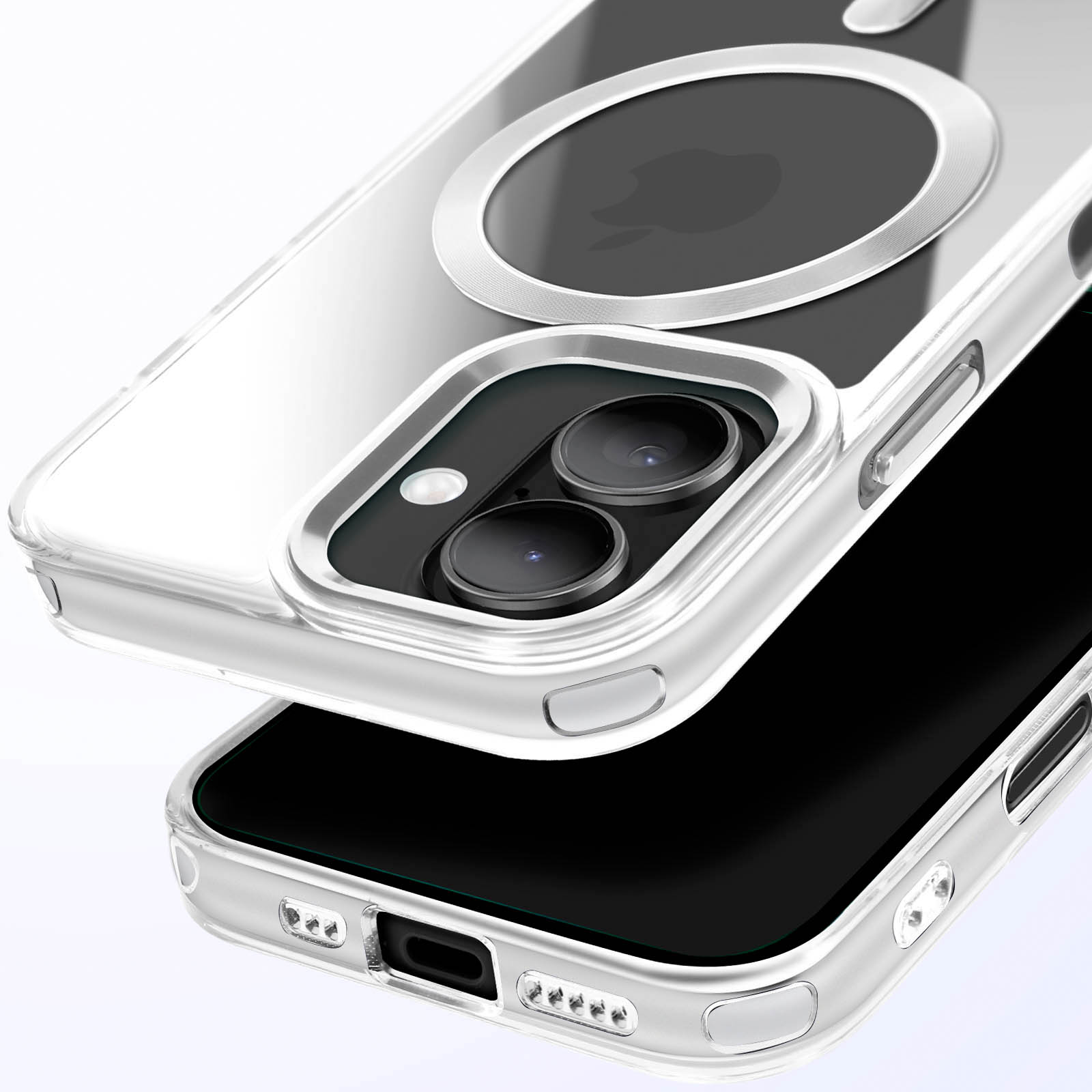 Custodia trasparente su un telefono nero. Un design circolare è visibile sul retro.