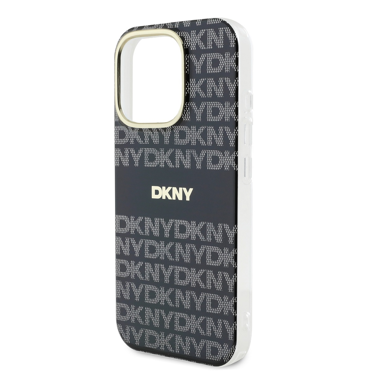 Custodia per telefono in bianco e nero con il logo DKNY sul telefono.