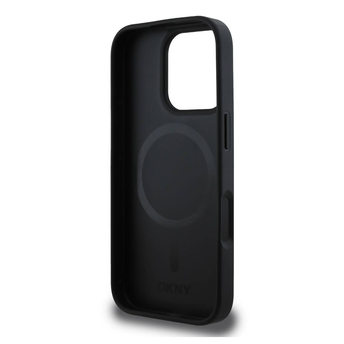 Custodia nera con anello magnetico all'interno. Logo DKNY all'interno.