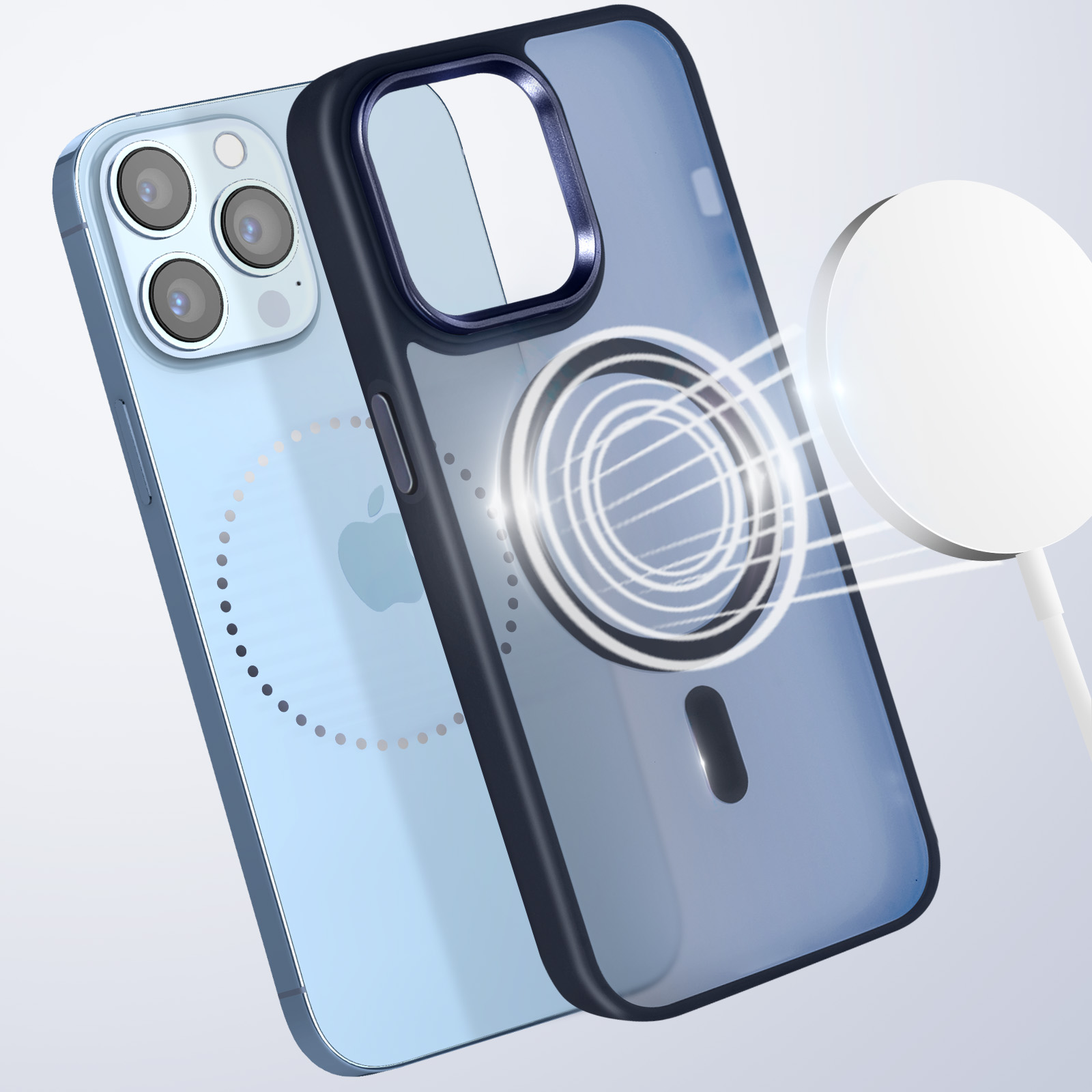 Custodia blu per iPhone con caricatore. Il telefono ha un logo Apple. Il caricatore è bianco.