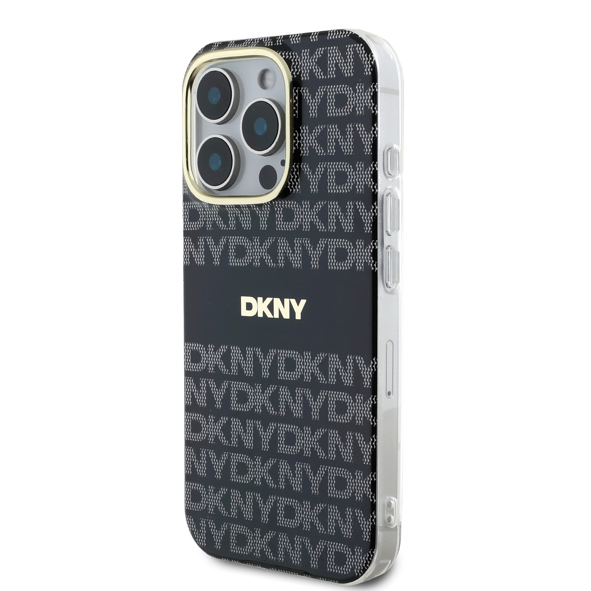 Custodia nera con motivo logo DKNY bianco e anello fotocamera dorato. Il telefono è visibile.