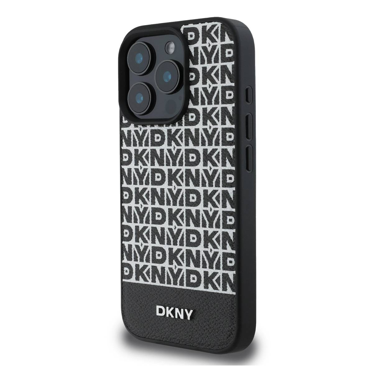 Custodia nera con motivo a testo DKNY ripetuto. Sfondo bianco.