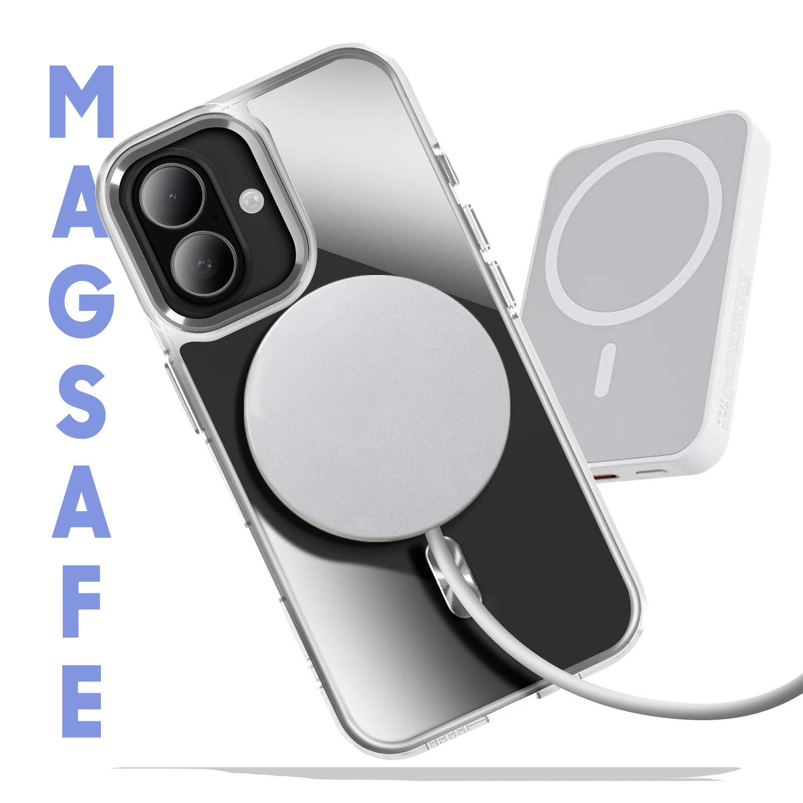 Telefono con MagSafe e caricatore, con la parola 'MAGSAFE' in blu.
