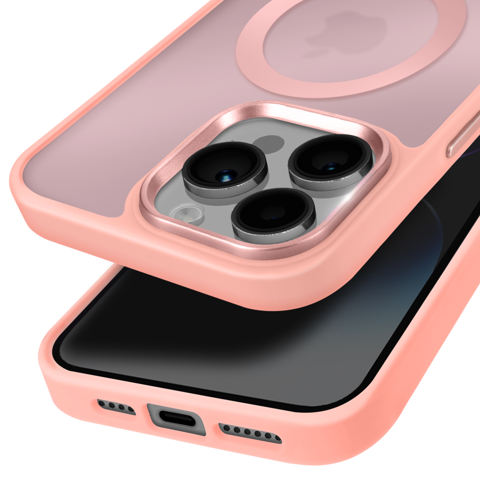 Custodia rosa con retro trasparente e telefono. Obiettivi della fotocamera visibili.