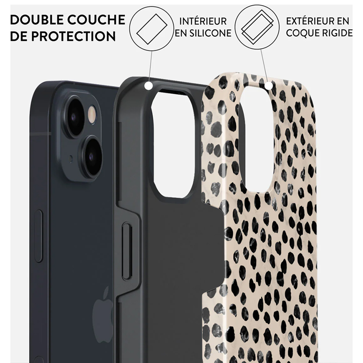 Telefoonhoeslagen: telefoon, zwart interieur en een gespoten buitenkant. Tekst vermeldt dubbele bescherming.