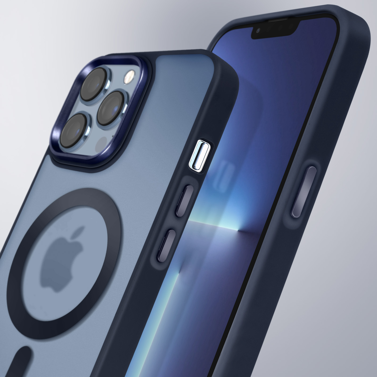 Custodia blu scuro con telefono. Logo Apple e ritaglio fotocamera visibili.