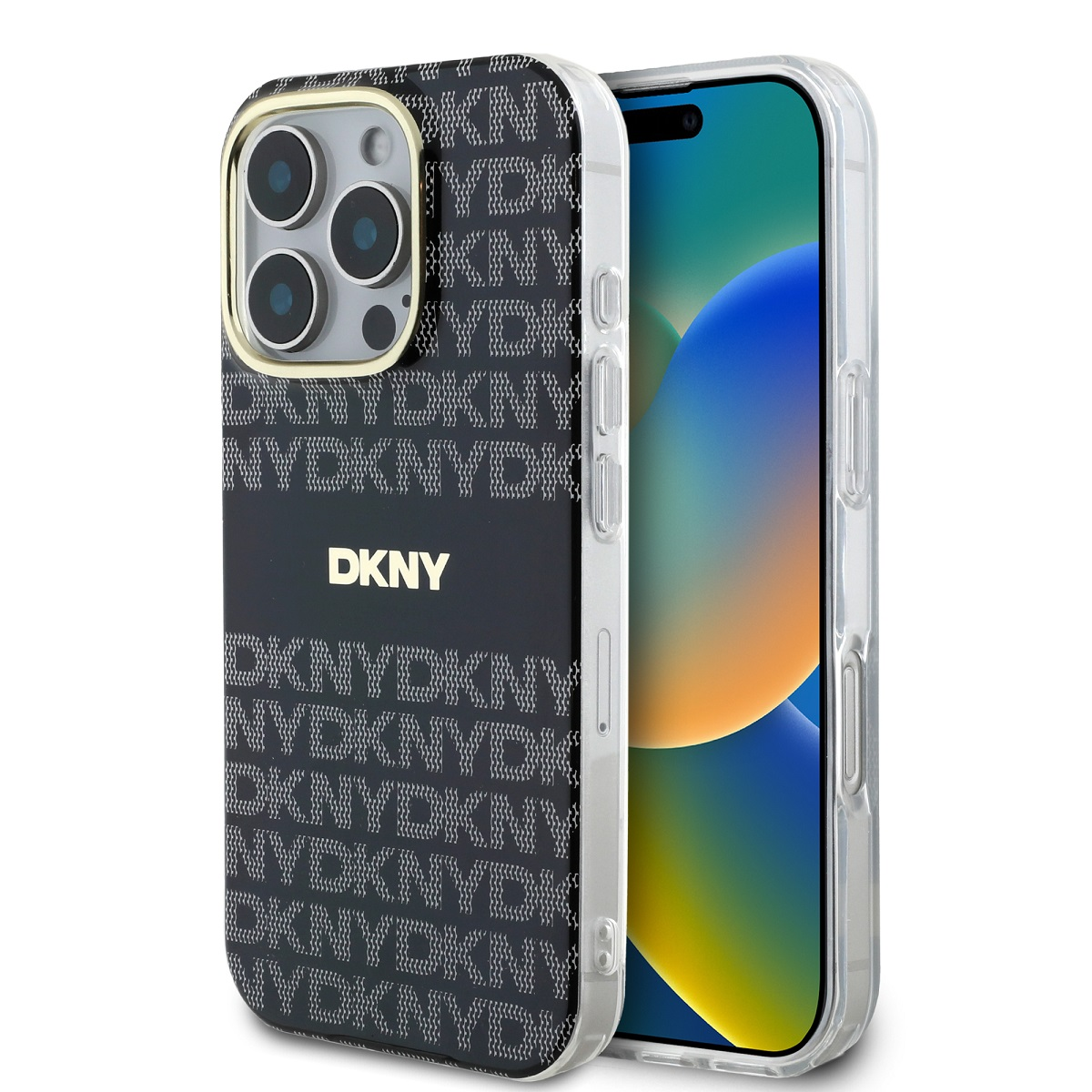 Una custodia per telefono con motivo DKNY in bianco e nero. La custodia è su una superficie bianca. Il telefono è visibile.