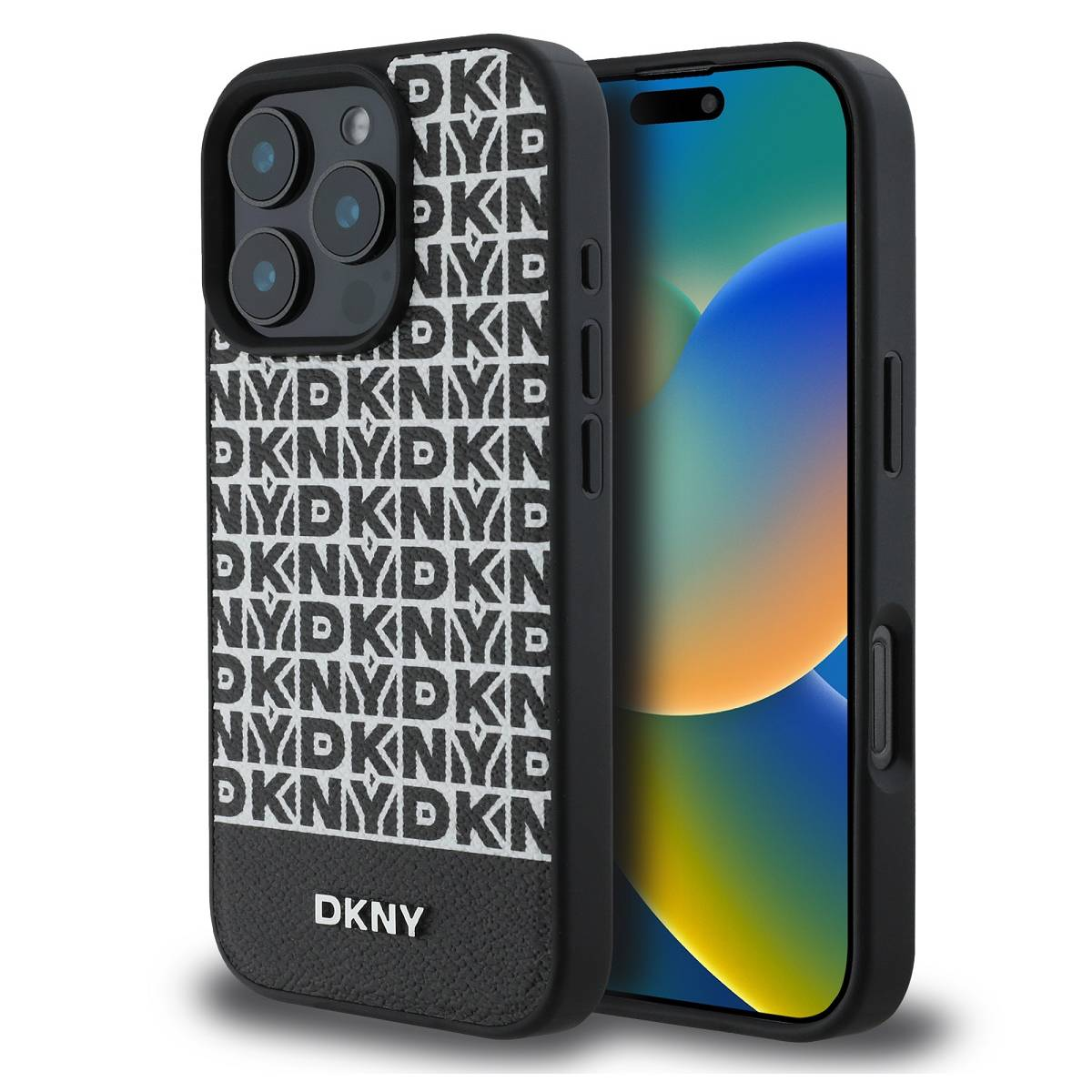 Custodia per telefono con motivo DKNY in bianco e nero con un telefono sul lato destro.
