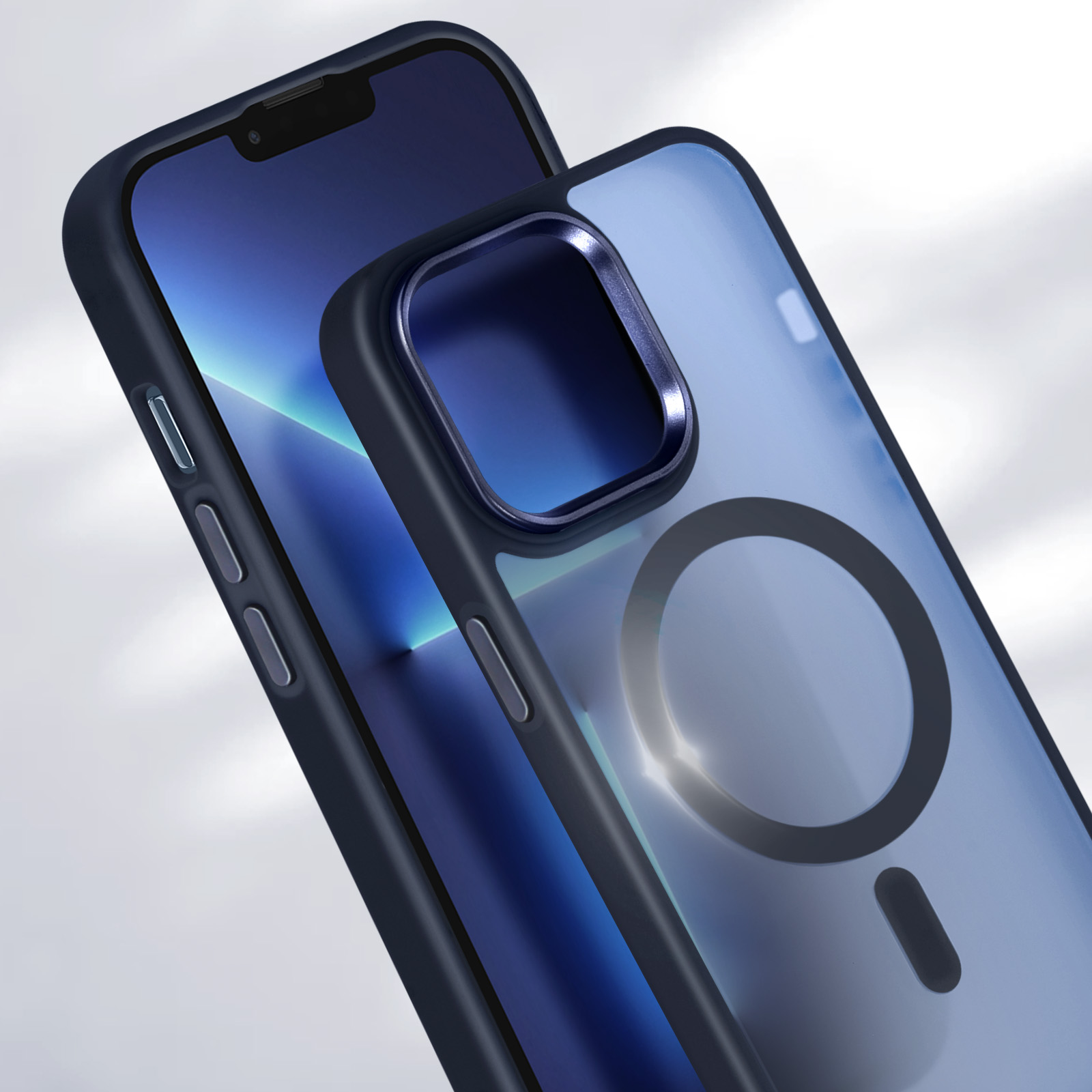 Custodia per telefono con cornice blu e retro trasparente, con sfondo blu.