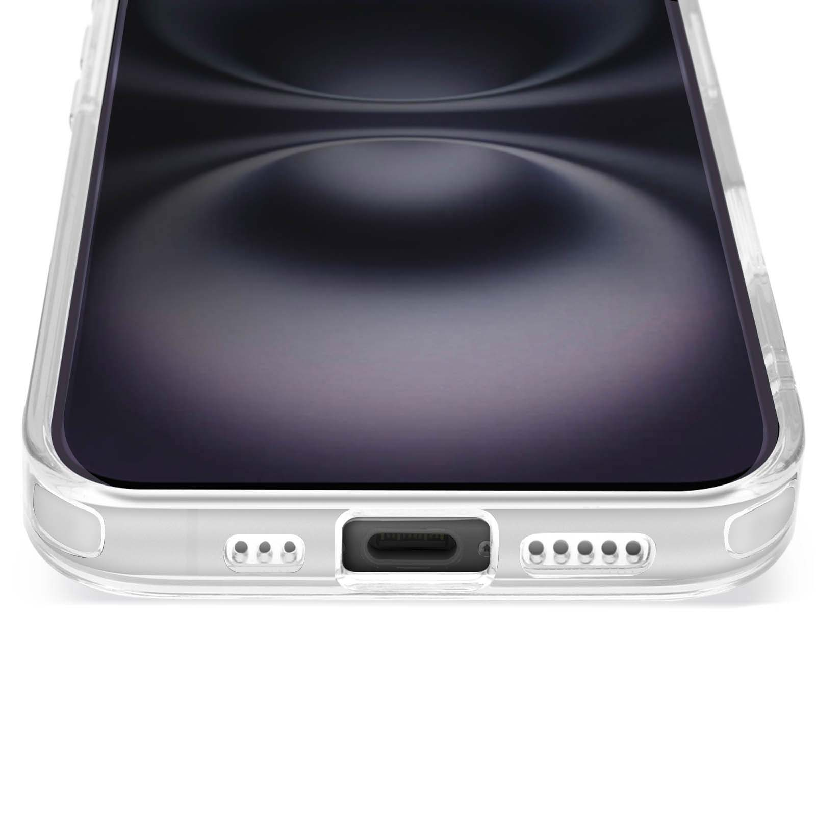 Primo piano della parte inferiore di un telefono. Il telefono ha uno schermo nero.