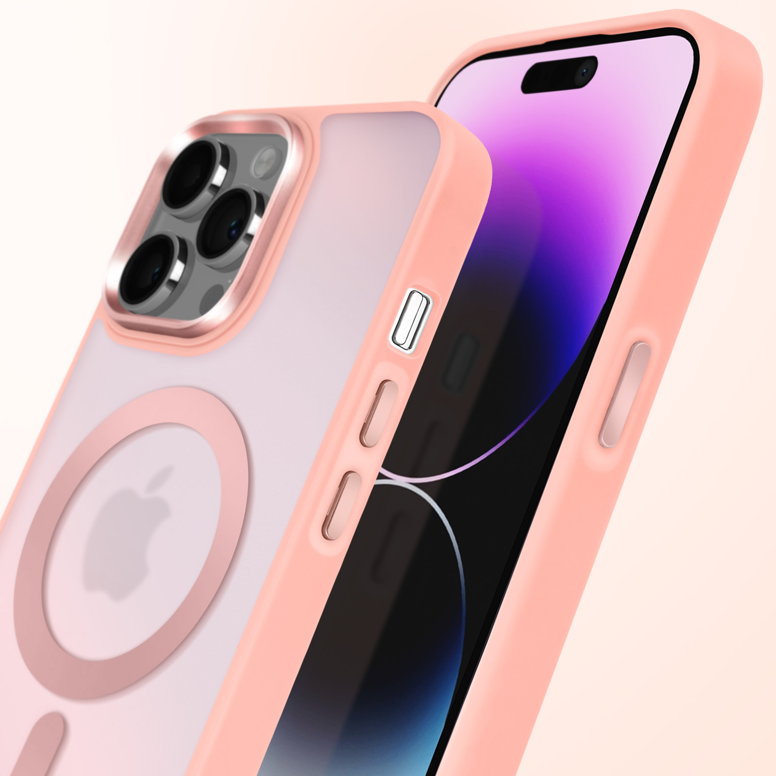 Telefono in una custodia rosa. Viene mostrata una sezione della custodia rosa vicino alla fotocamera.