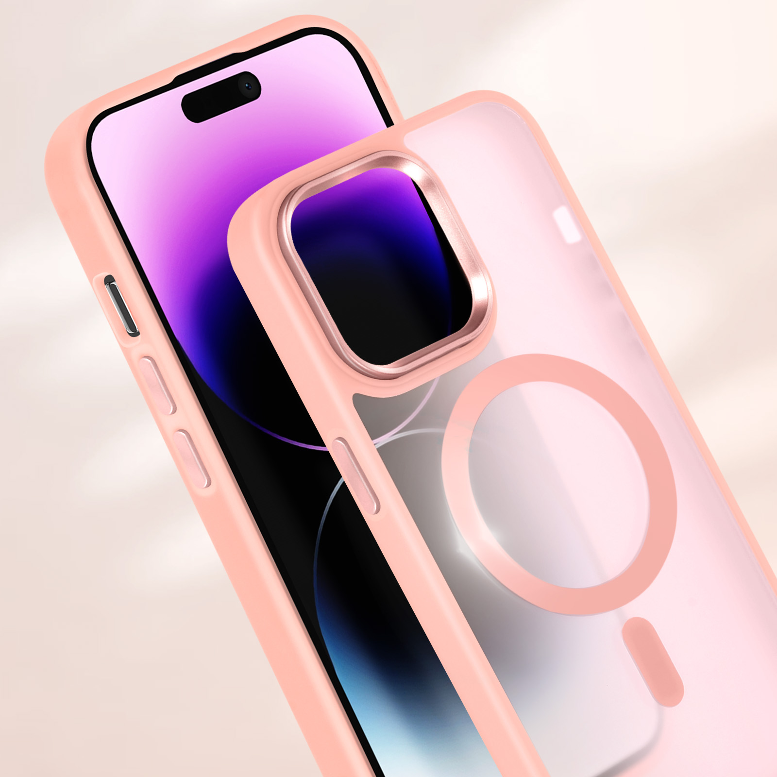 Una custodia rosa per telefono sopra un telefono, sfondo viola chiaro.