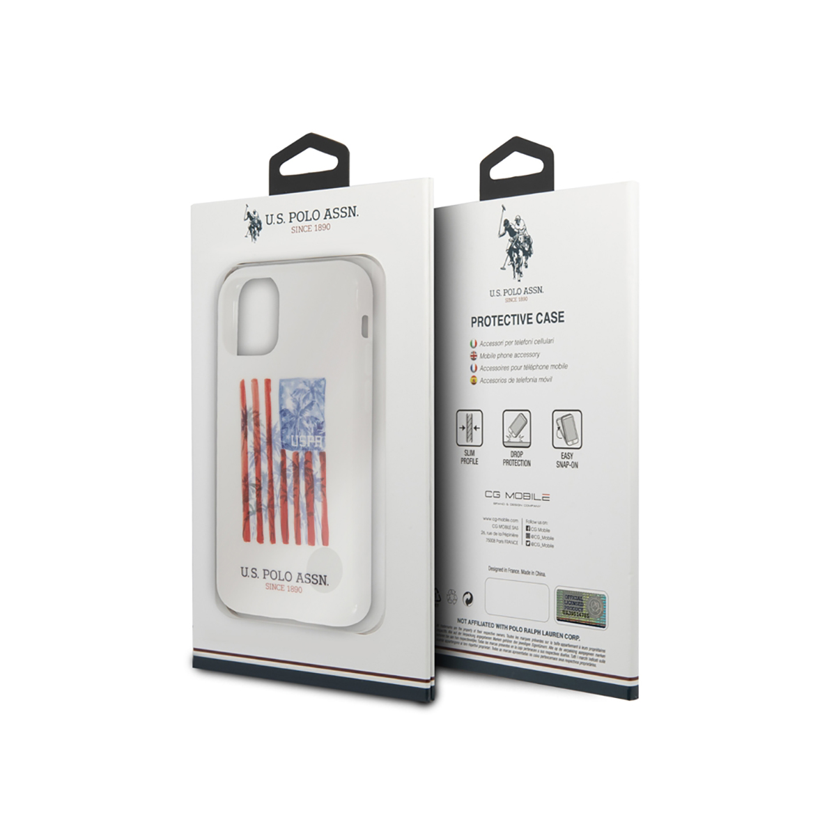 Weiße Handyhülle mit USA-Flaggen-Design in Verpackung. Die Box zeigt auch das Markenlogo und Produktinformationen.
