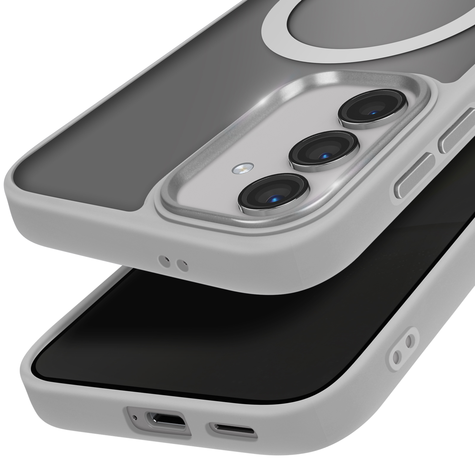 Custodia per telefono con tre fotocamere. Colori grigio e nero.
