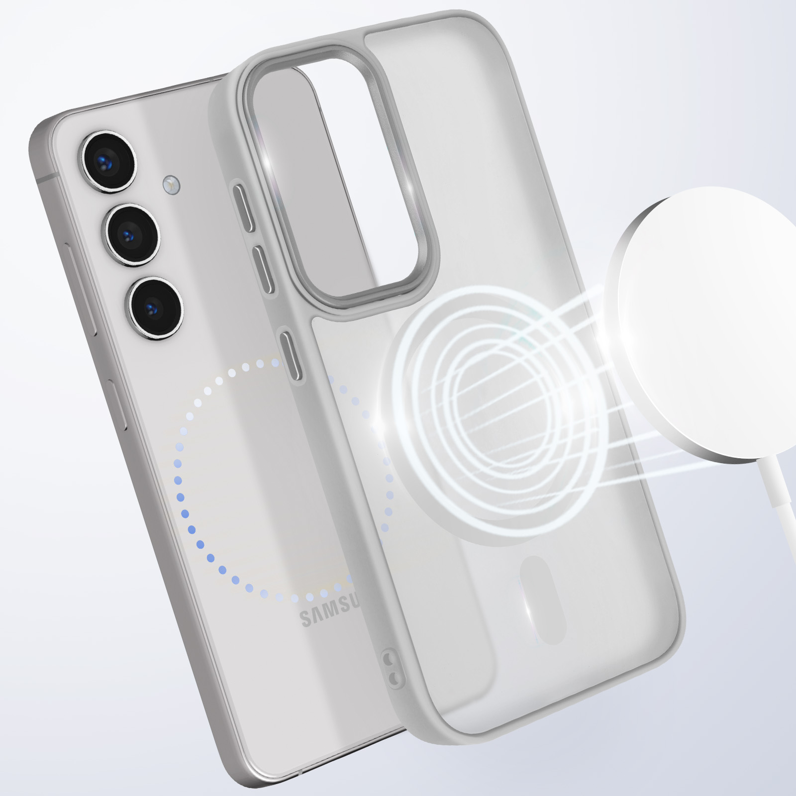 Telefono con custodia bianca, cerchio di ricarica visibile sul retro. Caricabatterie bianco collegato.