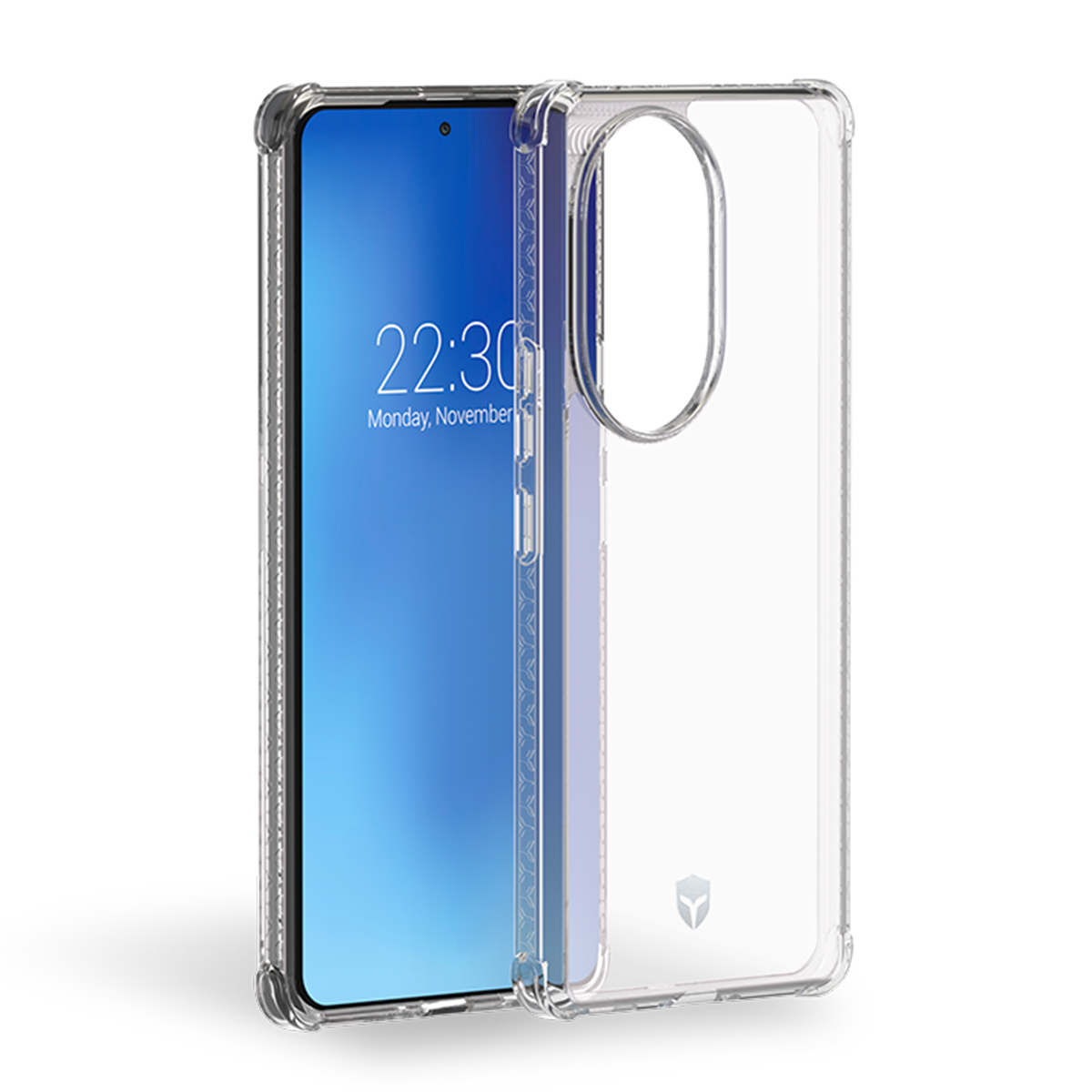 Cover trasparente con telefono all'interno, che mostra data, ora e interfaccia.