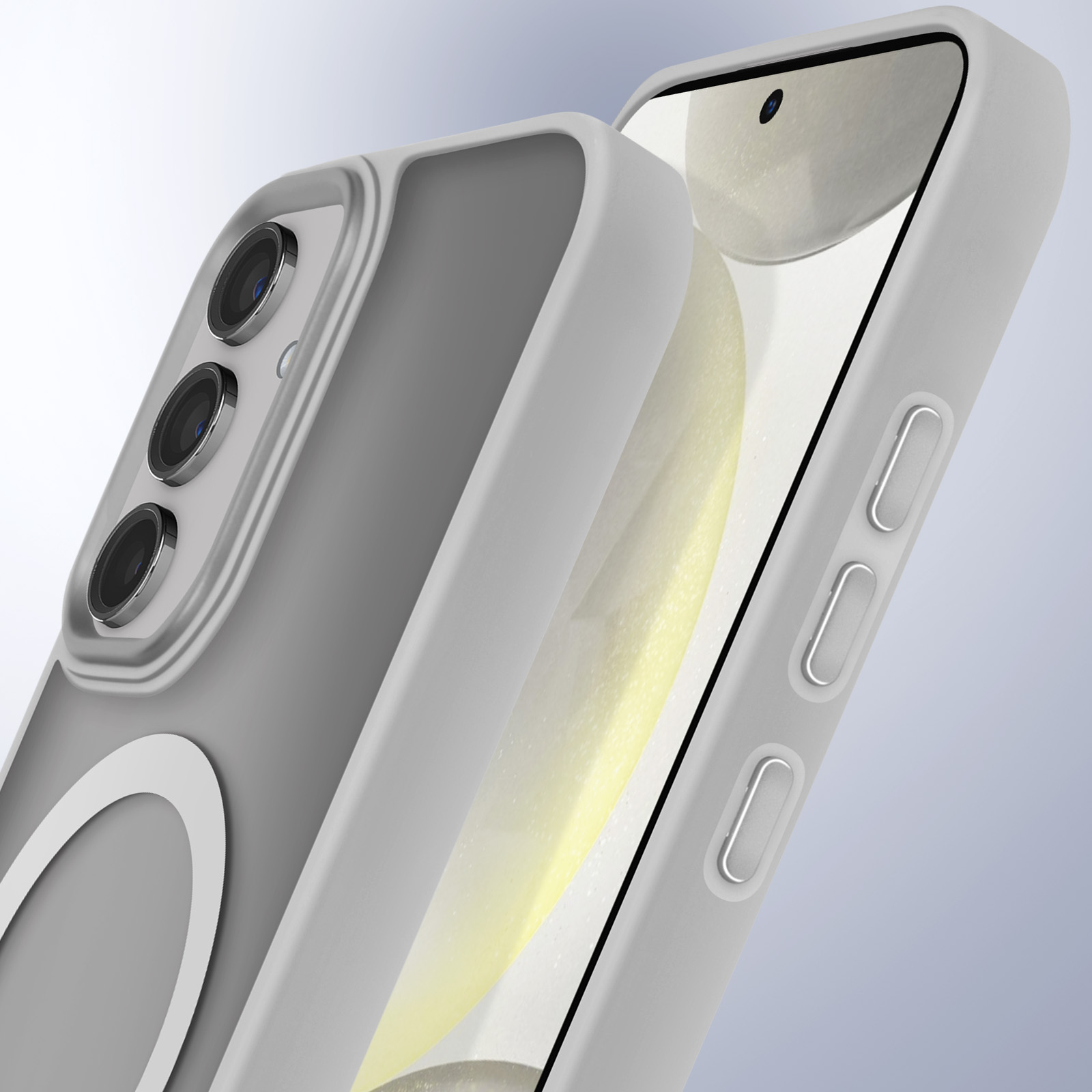 Una custodia per telefono con un anello bianco. Il telefono è dentro. Lo sfondo è bianco.