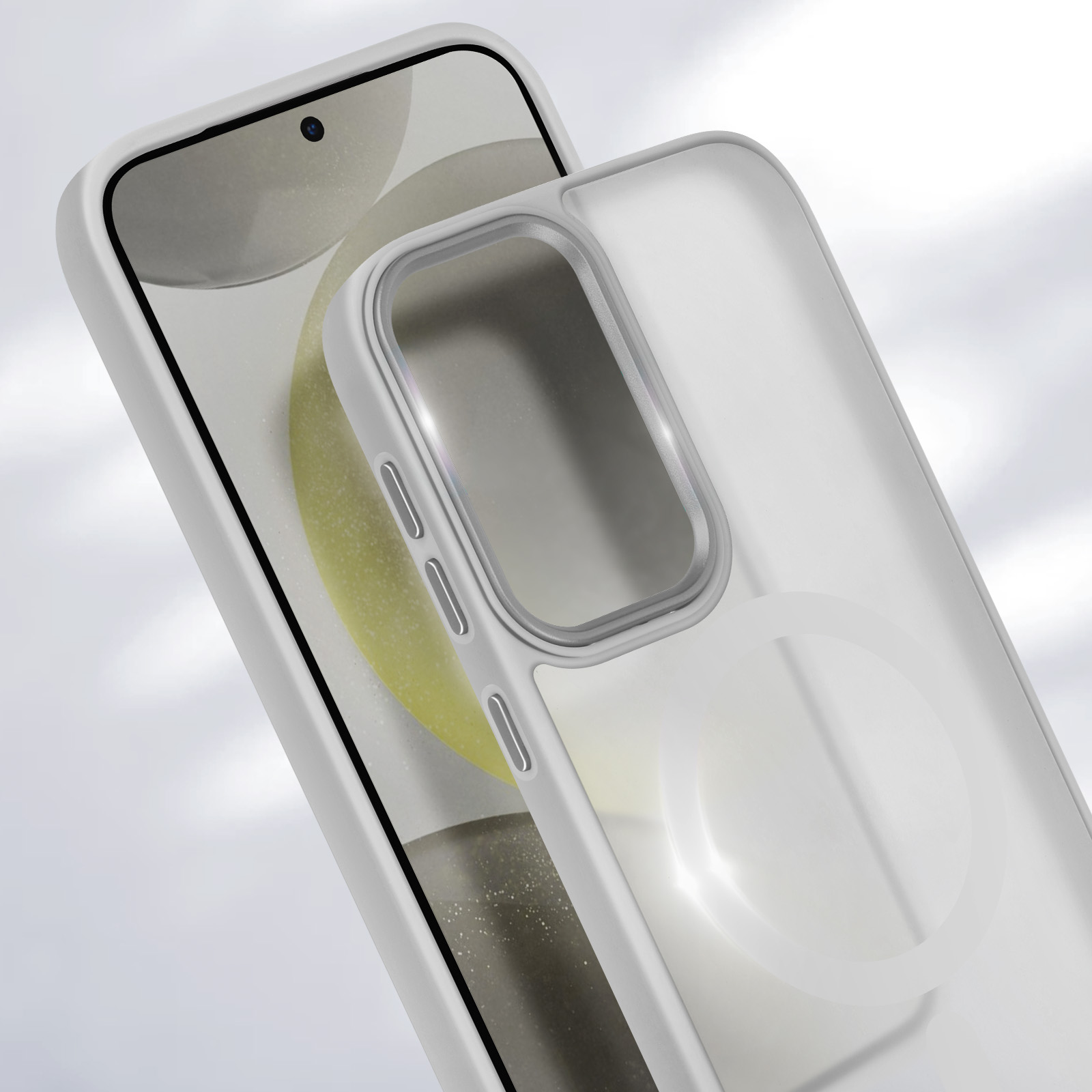 Telefono bianco con custodia trasparente, con la parte anteriore del telefono visibile. La custodia è trasparente.