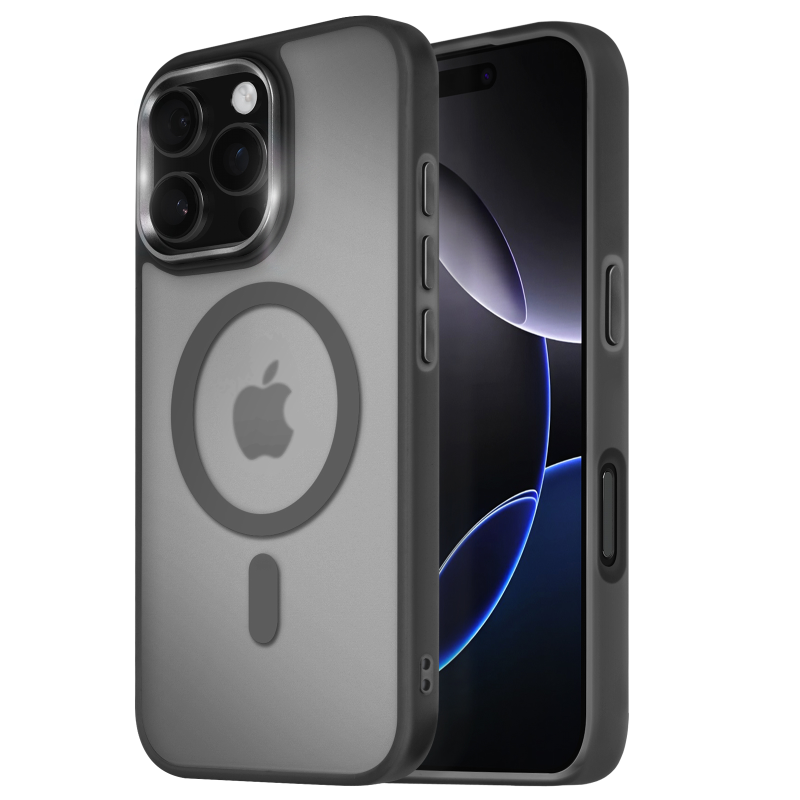 Custodia grigia con logo Apple e sfondo nero.