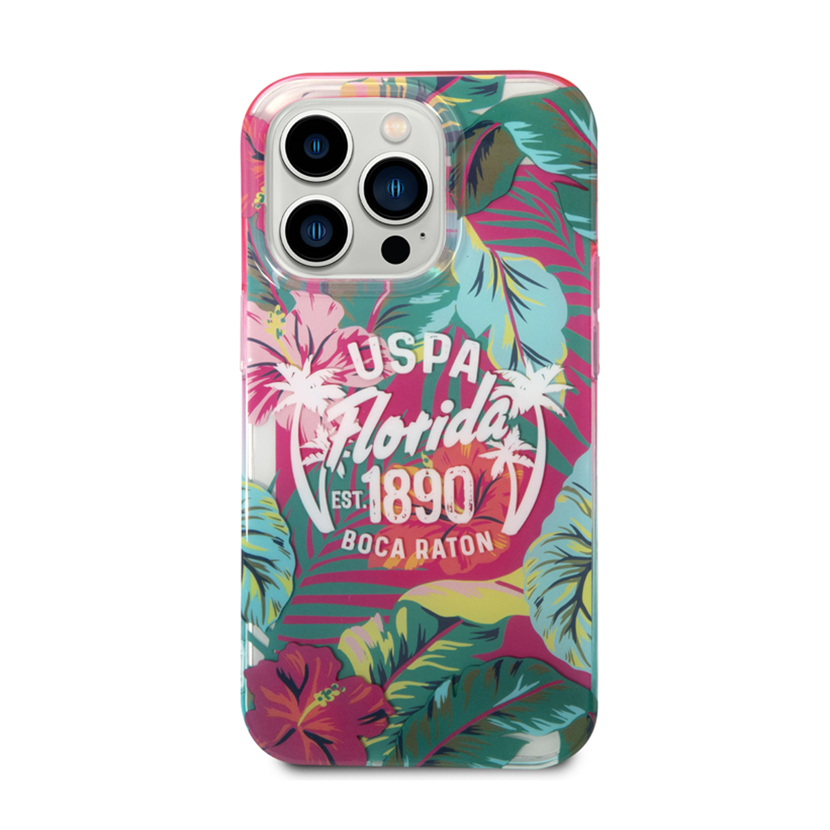 Custodia per telefono con design floreale, logo USPA Florida. Sfondo bianco.