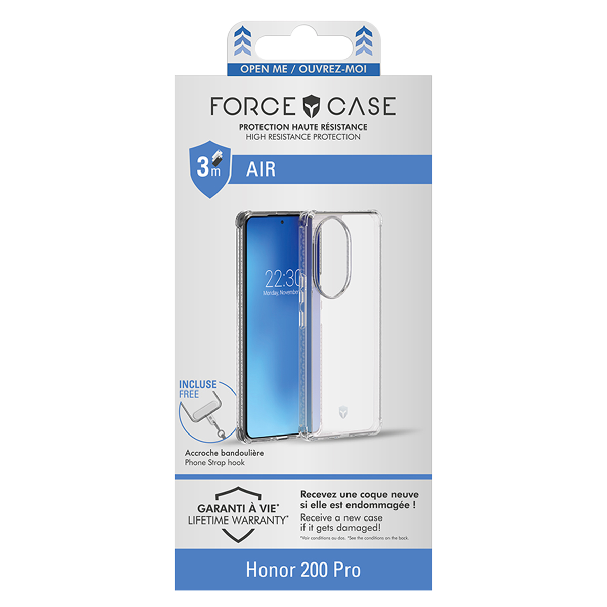 Confezione trasparente per custodia del telefono con telefono. Testo: Force Case, Honor 200 Pro. Con gancio e garanzia.