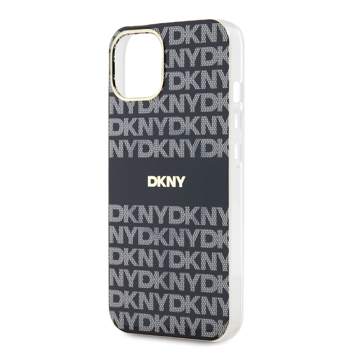 Custodia per iPhone con logo DKNY ripetuto. Il telefono è nero con dettagli dorati.
