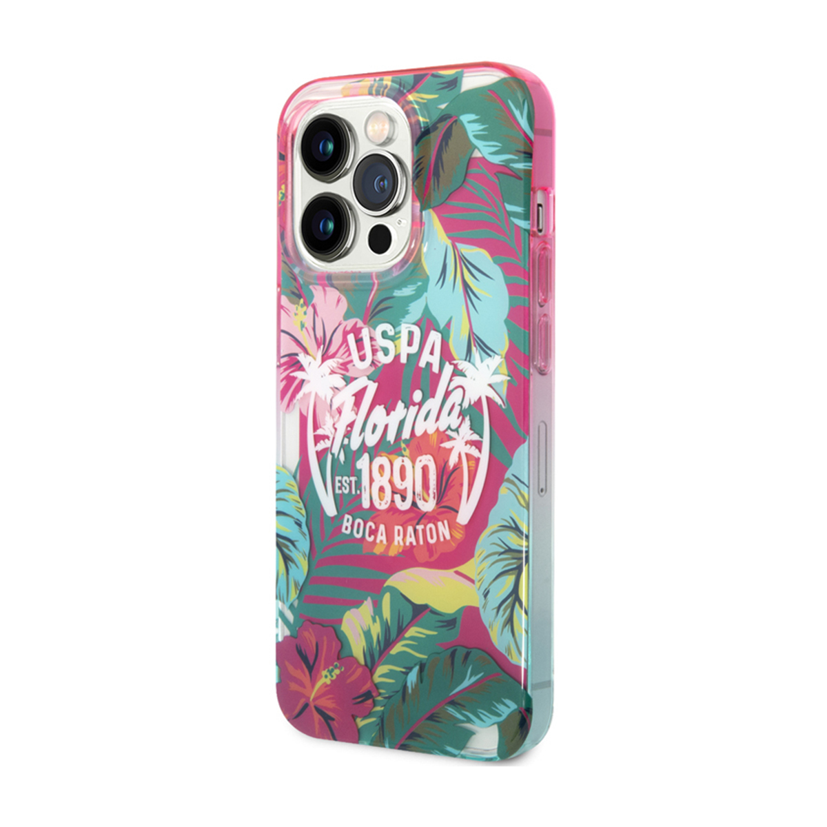 Custodia per telefono con design floreale e testo USPA Florida, Boca Raton. Rosa e blu.