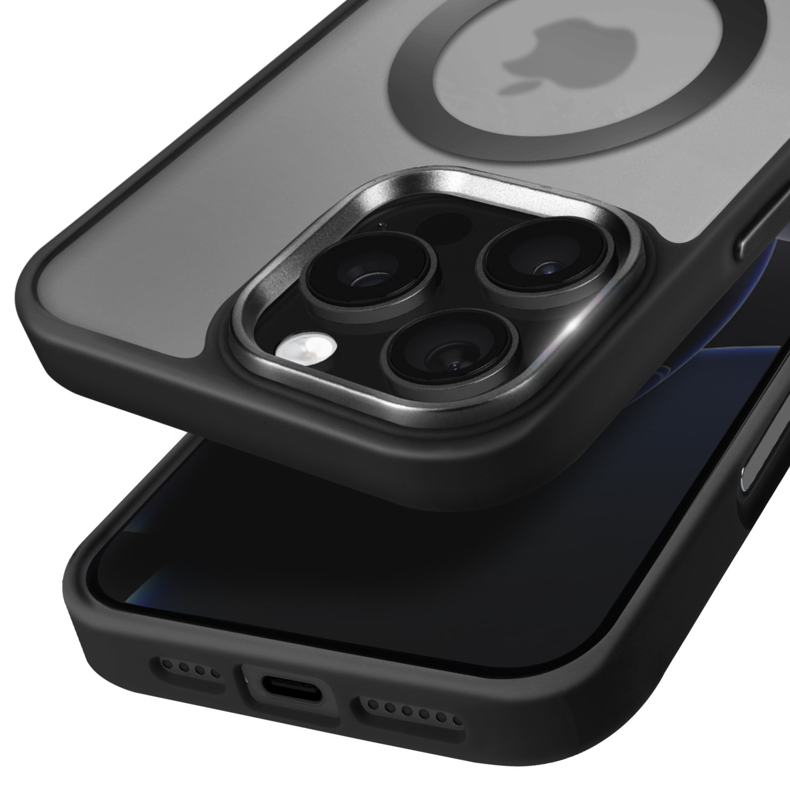 Custodia nera per telefono con logo Apple nero. Il telefono è nella custodia. La custodia è in alto.