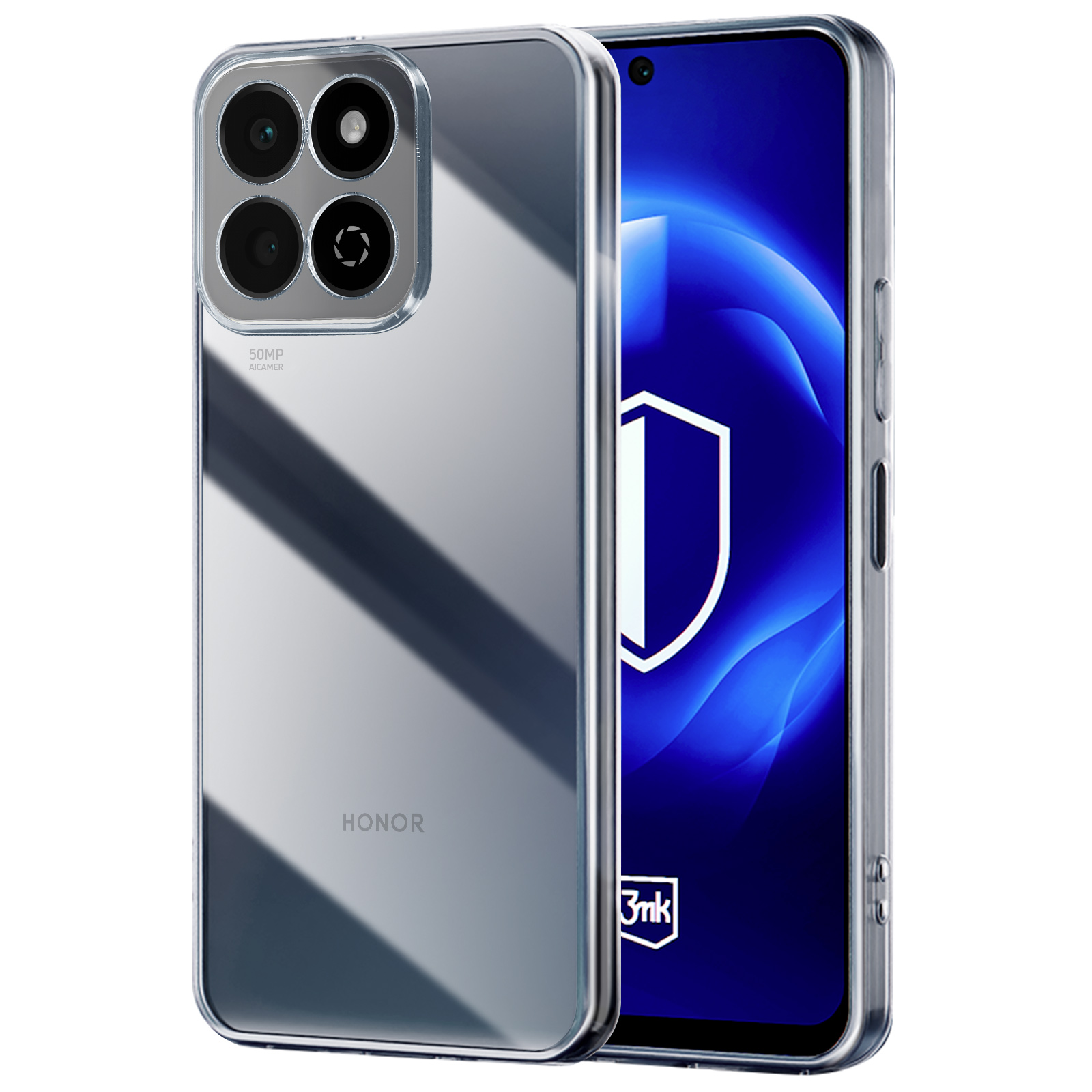 Una custodia trasparente. Il telefono è visibile. Logo Honor in basso.