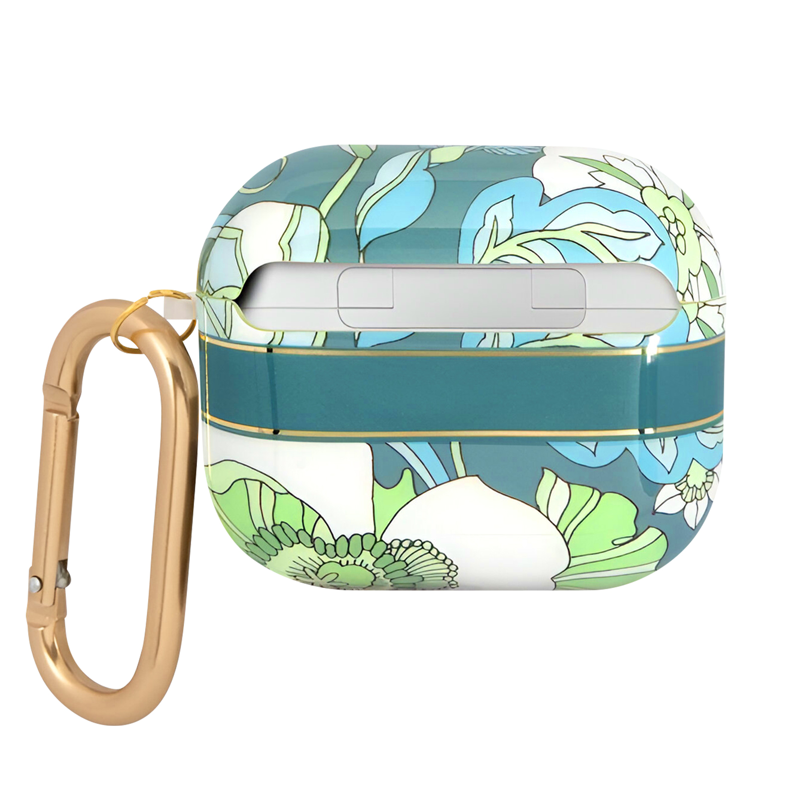 Funda de AirPods con diseño floral. Colores verde, azul y blanco. Gancho dorado.